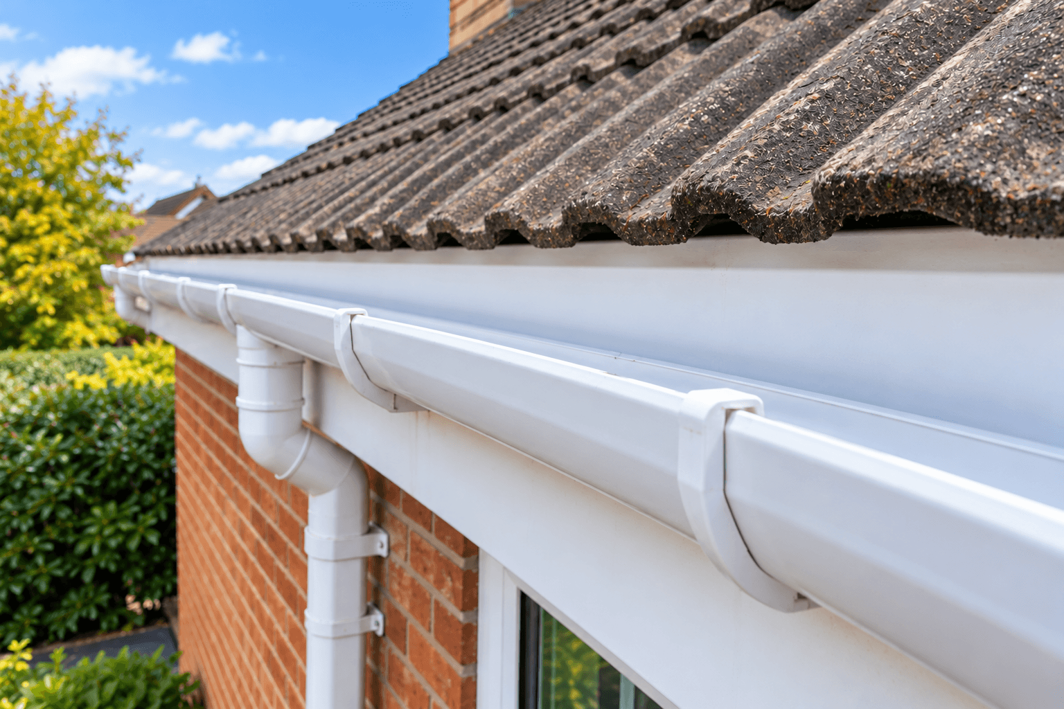 Clean White Gutter on Sunlit Roofline