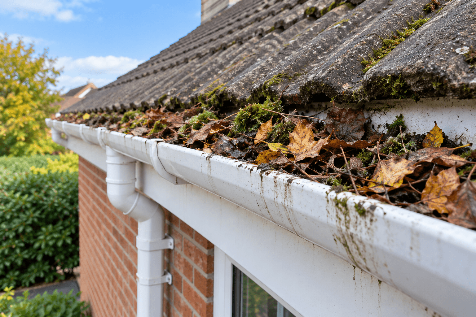 Mossy Autumn Leaves Clogging House Gutter