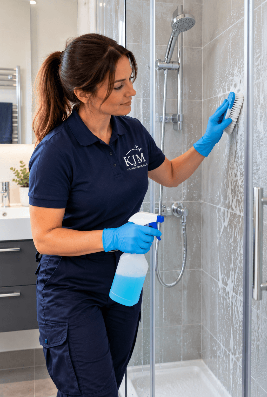 Professional Cleaner Scrubbing Soapy Shower Tiles