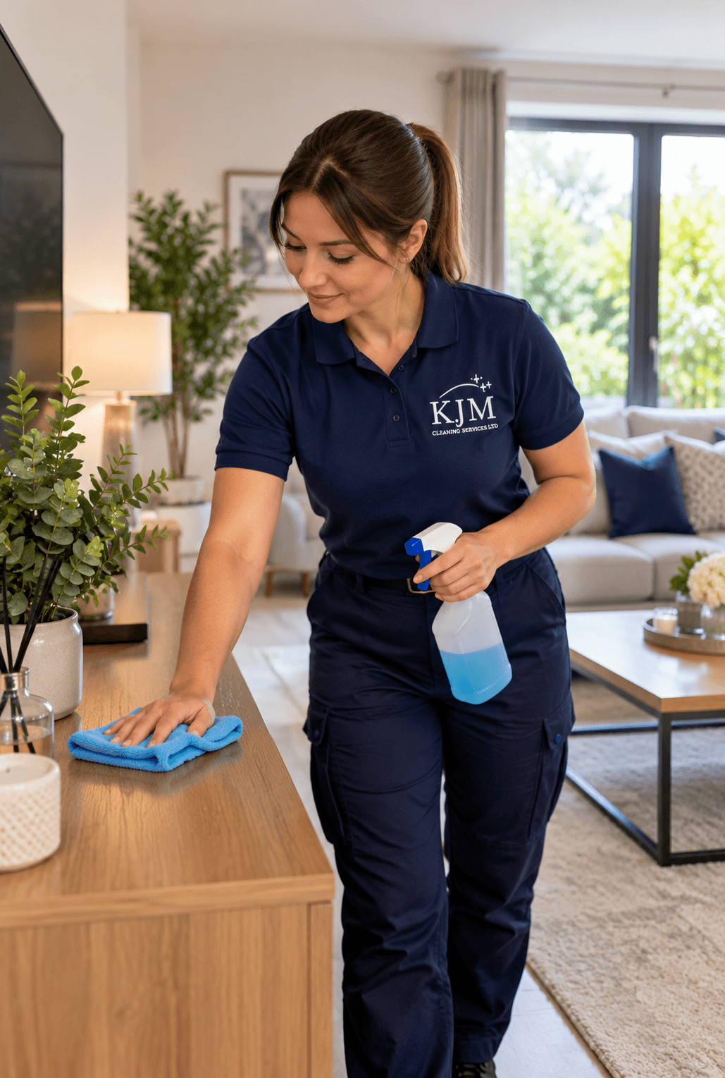 Professional Cleaner in Bright Living Room