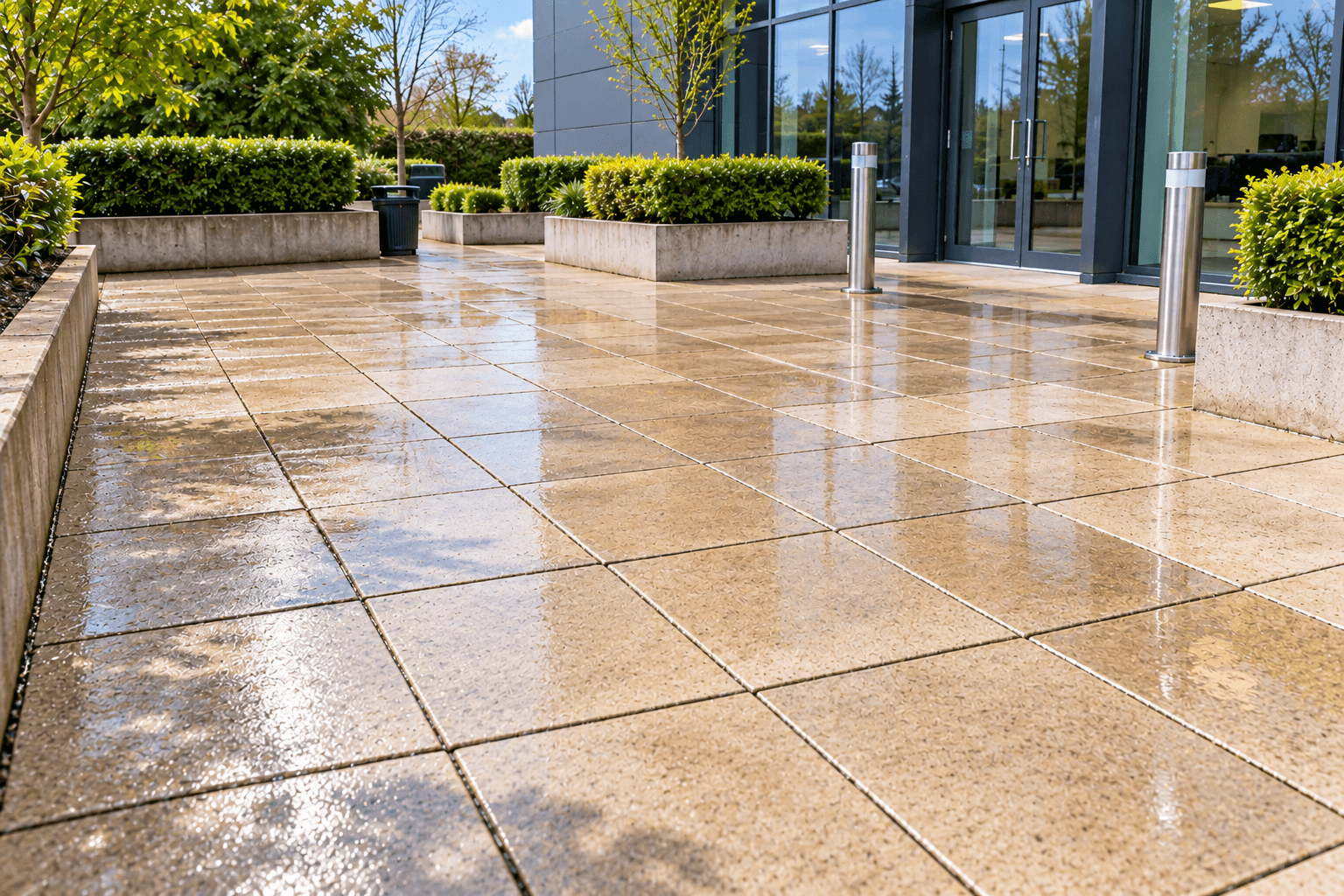 Rain-Washed Modern Office Courtyard